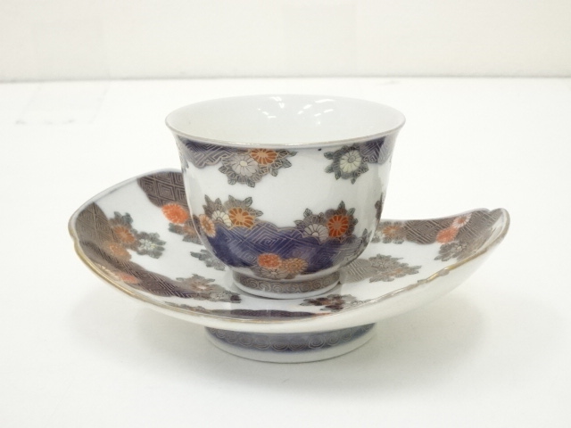 VINTAGE JAPANESE FUKAGAWA PORCELADIN CUP & SAUCER / CHRYSANSEMUM 
